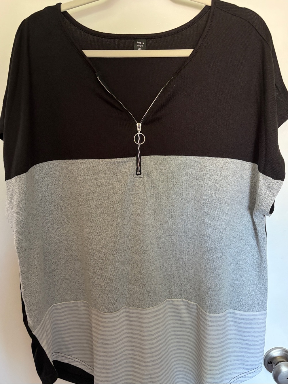 SHEIN Black and Gray Colorblock Zip-Front Short Sleeve Top